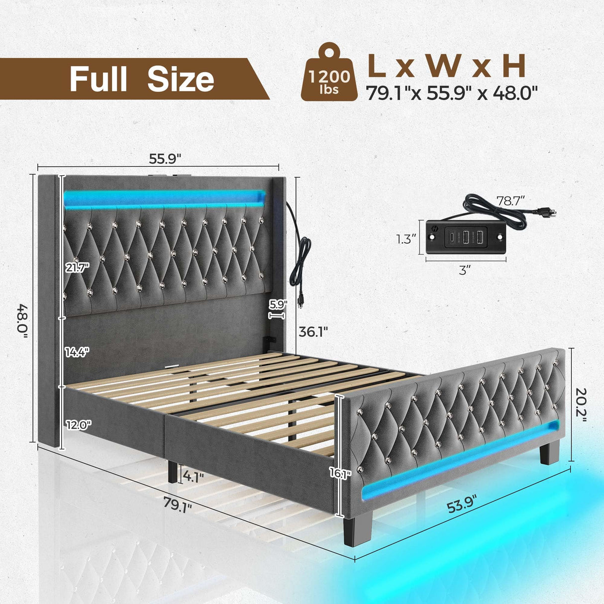 Rolanstar Full Bed Frame with LED Light and Charging Station, Upholstered High Headboard and Footboard, Wood Slats, Noise Free, Easy Assembly, Grey