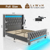 Rolanstar Full Bed Frame with LED Light and Charging Station, Upholstered High Headboard and Footboard, Wood Slats, Noise Free, Easy Assembly, Grey