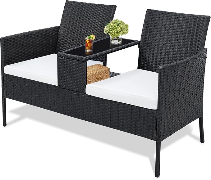 Wicker 2 Seat Patio Conversation Set, Outdoor Rattan Loveseat with Table
