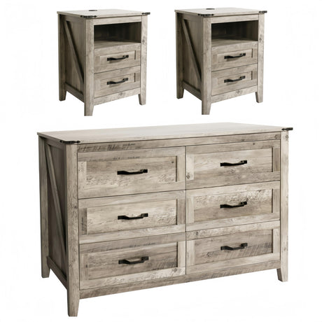 3PCS Dresser and Nightstand Set, Farmhouse Bedroom Set, 6 Drawer Dresser, 2 Drawer