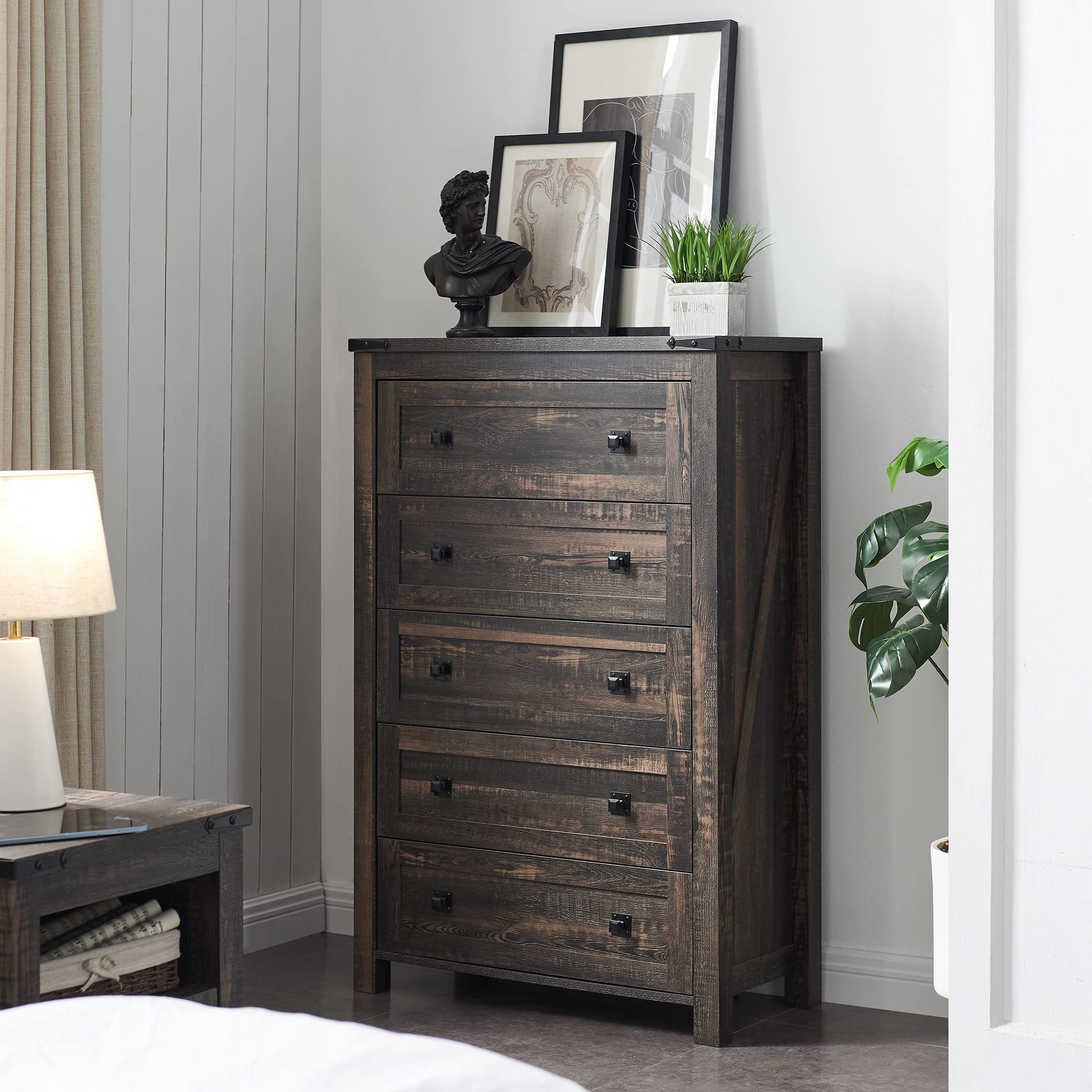 5 Drawers Dresser Chests for Bedroom, Wood Rustic Tall Chest of Drawers