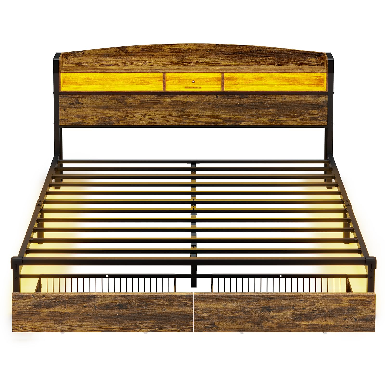 King Size Bed Frame with Storage & LED Light Headboard