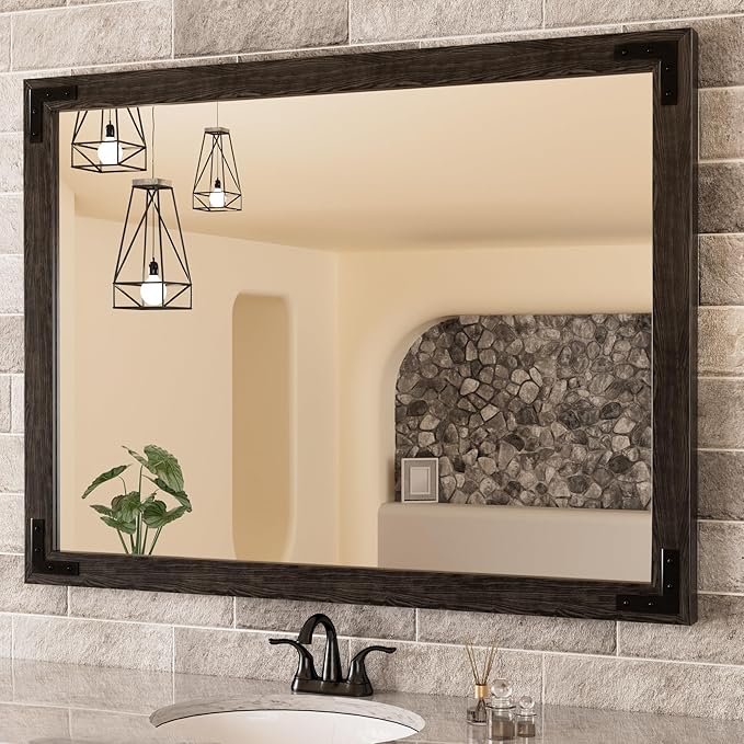 60 x 36 Inch Rustic Bathroom Mirror Wood Frame, Dark Brown Farmhouse Natural