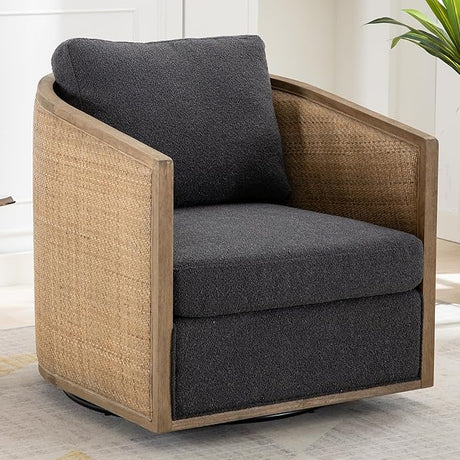 Swivel Accent Chair,Upholstered Armchair with Cushion Back,Rattan Frame,Boucle Accent Chair for Living Room,Bedroom,Office,Waiting Room (Beige)