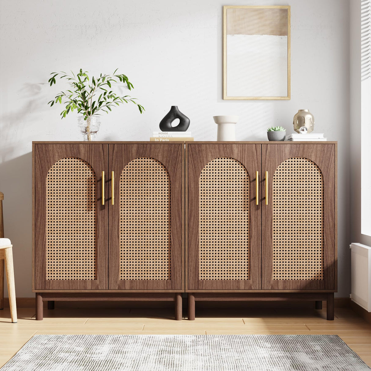 Set of 2 Rattan Sideboard Buffet Cabinet with Storage, 59 Inch Accent Cabinet with Doors