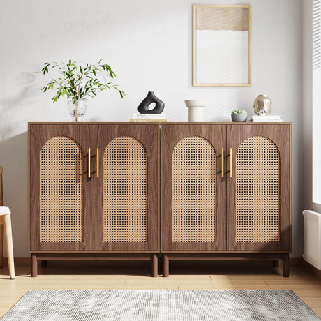 Set of 2 Rattan Sideboard Buffet Cabinet with Storage, 59 Inch Accent Cabinet with Doors