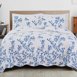 Floral King Quilt Set with Shams, Blue Floral Bedding Set, All-Season