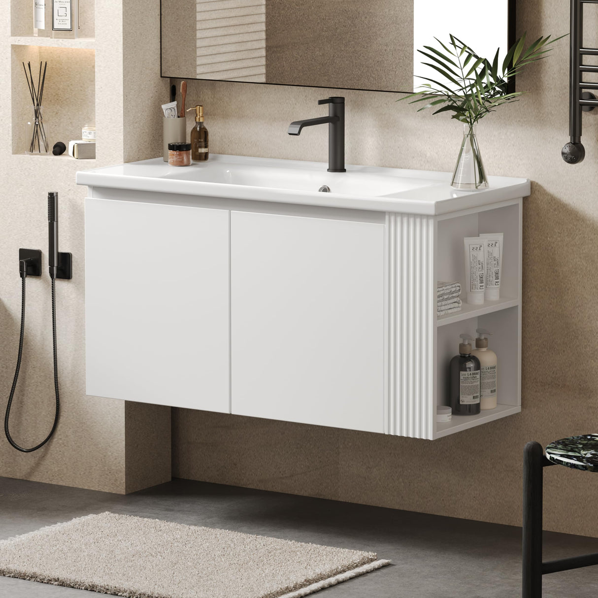 LUMISOL 36" Bathroom Vanity with Ceramic Sink, Wall Mounted Bathroom Vanity with 2 Doors & Side Open Shelves, Modern Floating Bathroom Storage Cabinet with Undermount Sink, White