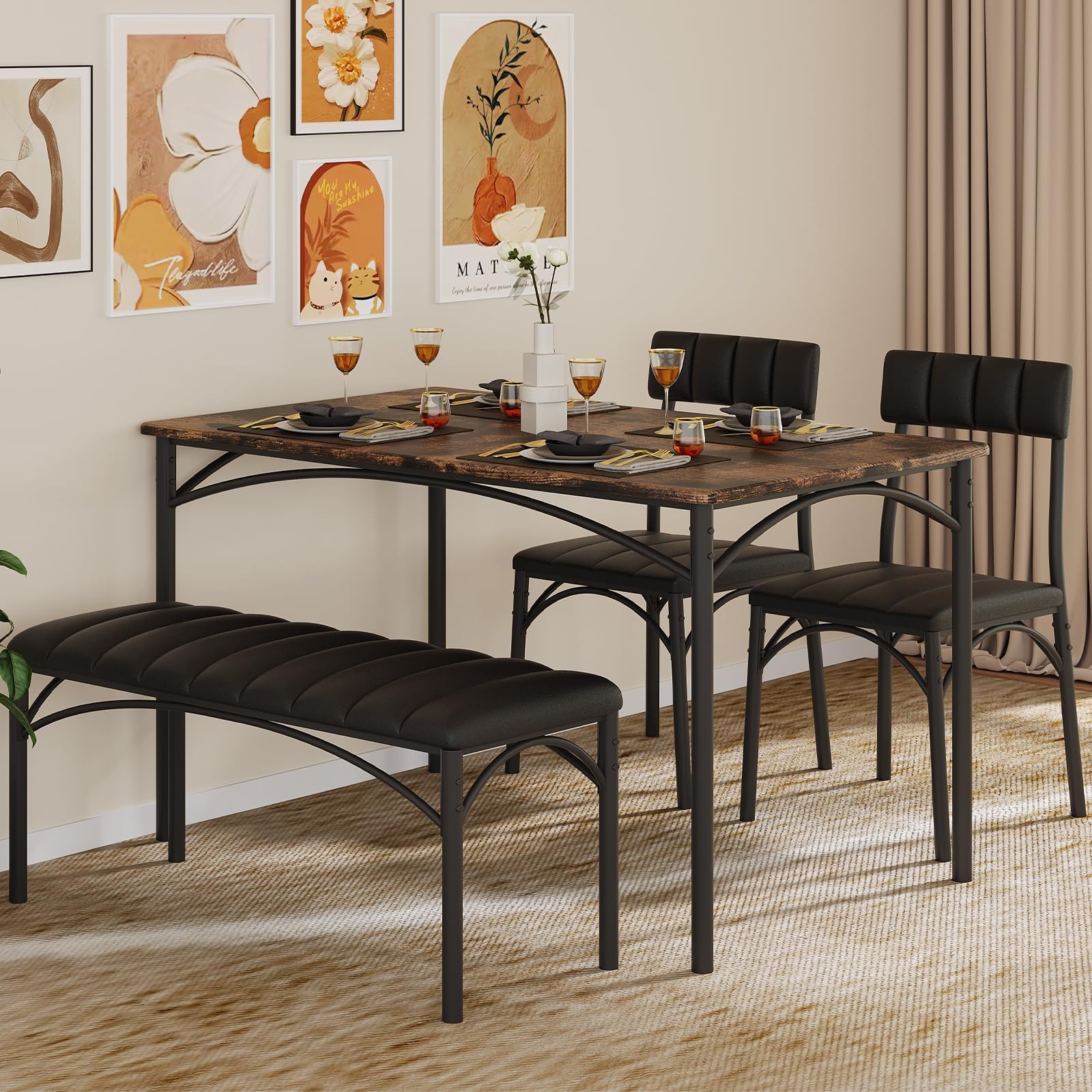 4-Piece Dining Table Set with Upholstered Bench & Chairs