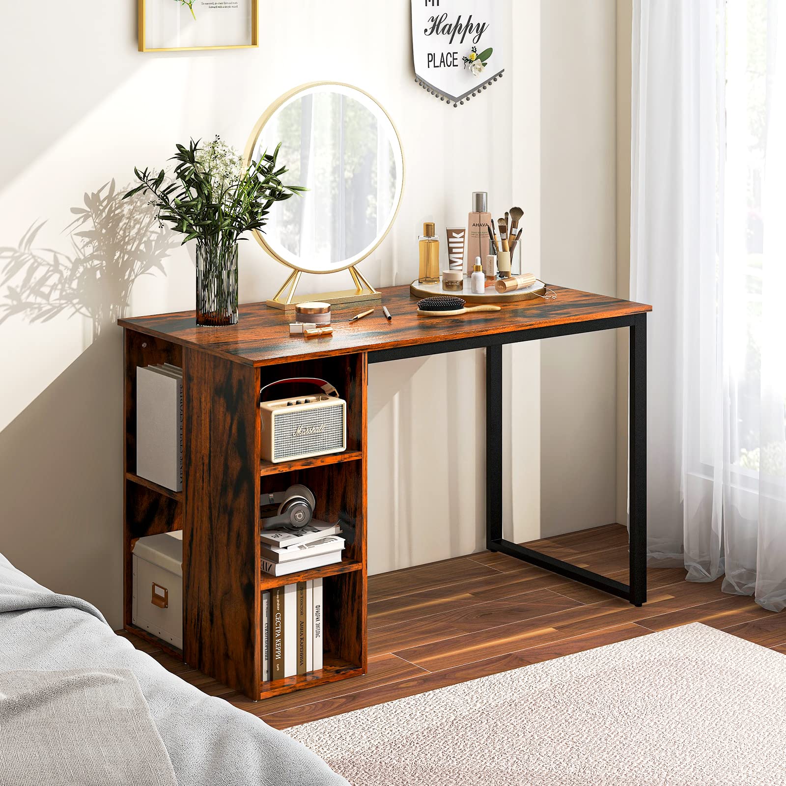 Computer Desk with Storage Shelves, Home Office Desk with 5 Side Shelves & Metal Frame
