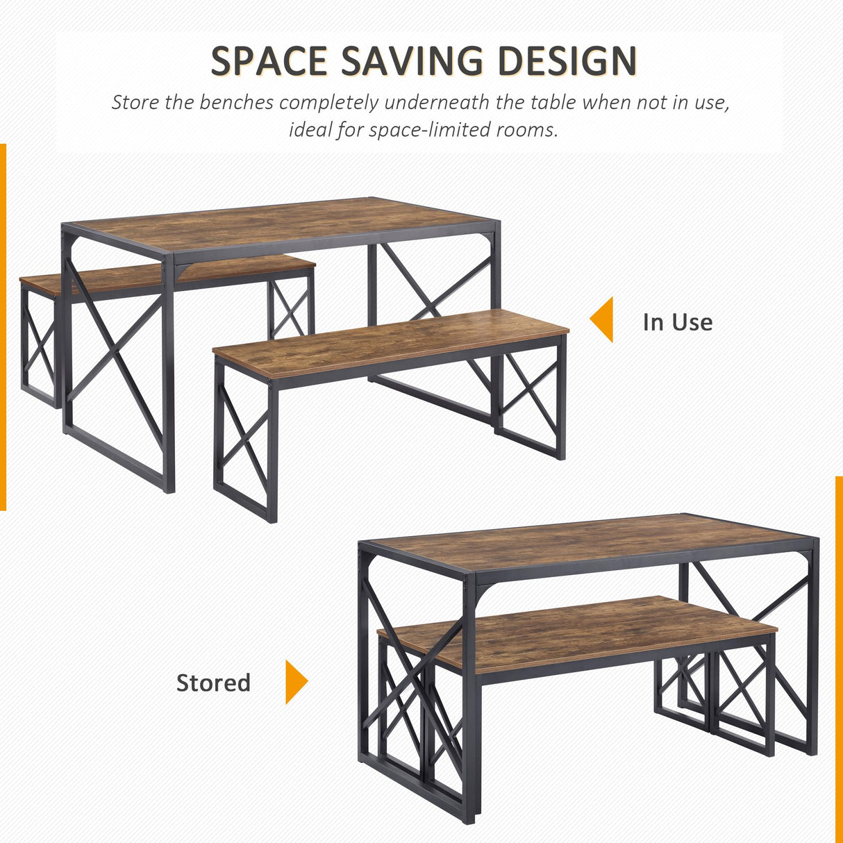 Kitchen Table with 2 Benches for 6,Wood Dining Room Dinette Sets with Metal Frame