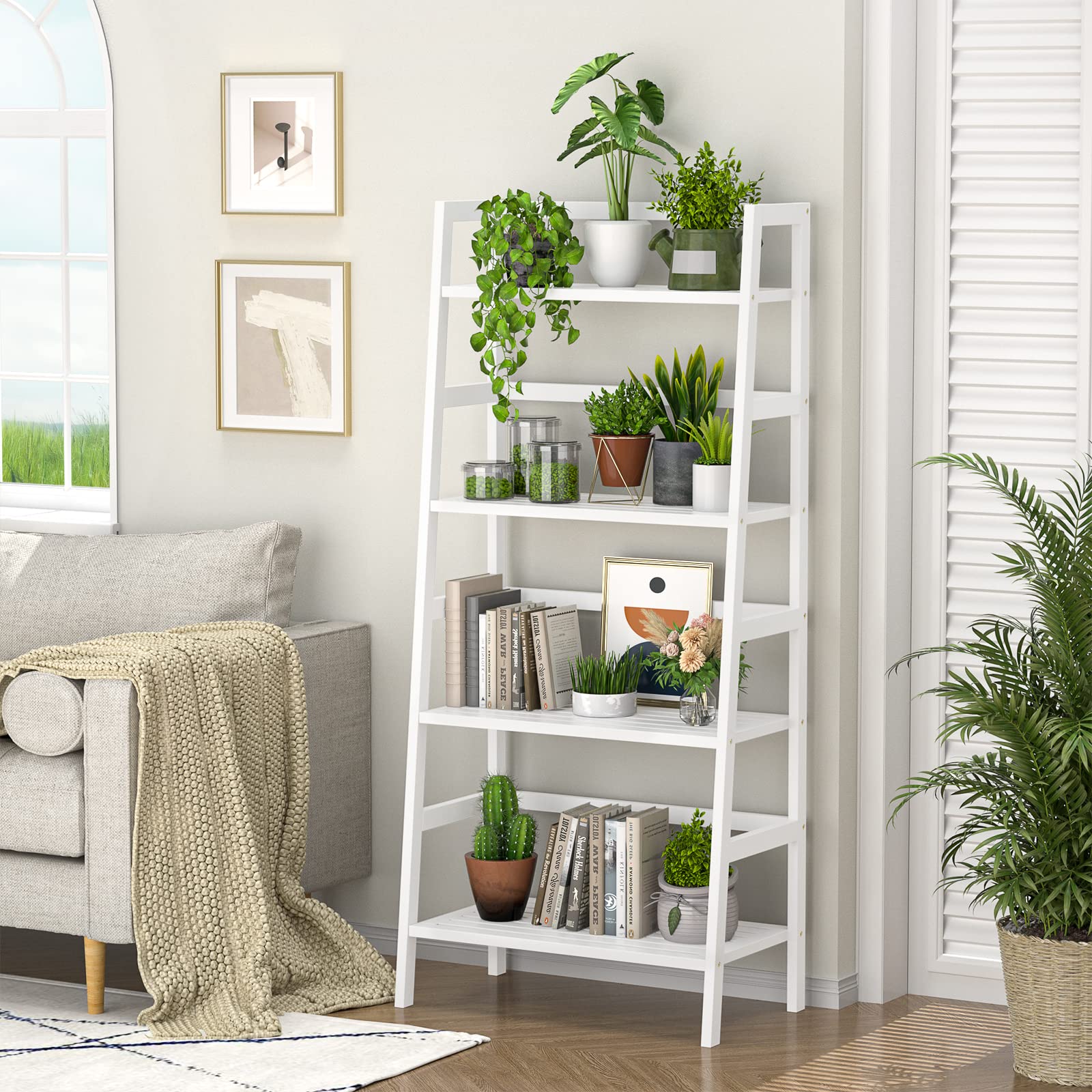 ZenLuxe 4-Tier Bamboo Ladder Shelf Bookshelf & Storage Rack