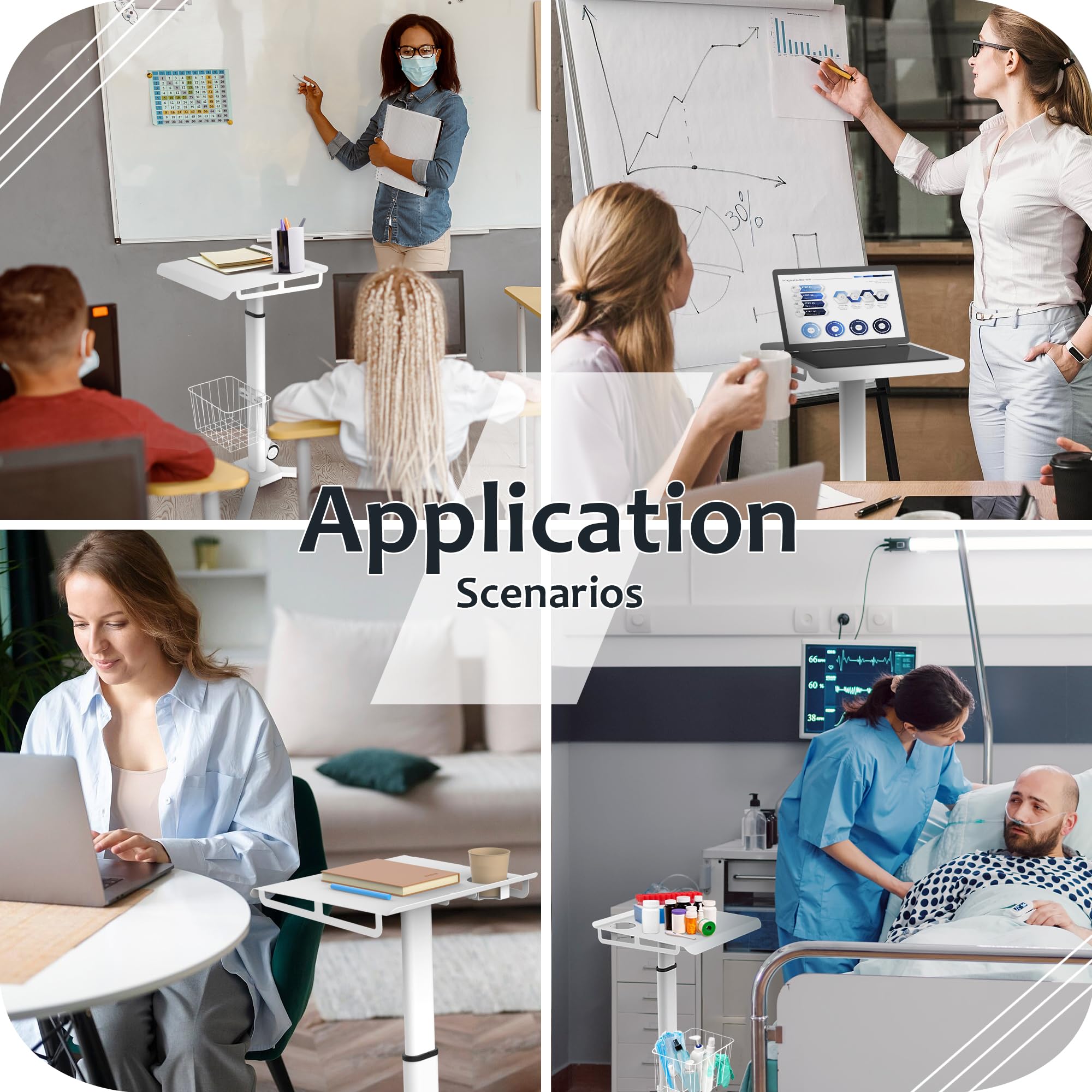 TUILUN Adjustable Height Portable Laptop Desk with Wheels,White Computer Cart on Wheels,Standing Mobile Desk Workstation, Utility Medical Cart