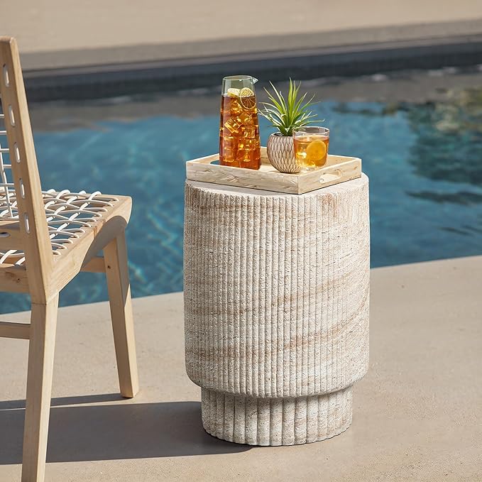LuxenHome Outdoor Accent Side Table, 18'' Travertine-Style Outdoor Furniture
