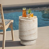 LuxenHome Outdoor Accent Side Table, 18'' Travertine-Style Outdoor Furniture