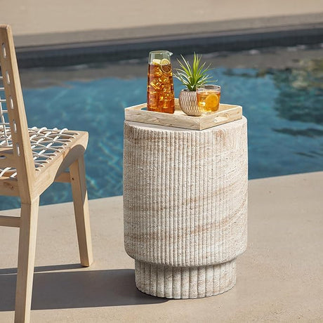 LuxenHome Outdoor Accent Side Table, 18'' Travertine-Style Outdoor Furniture