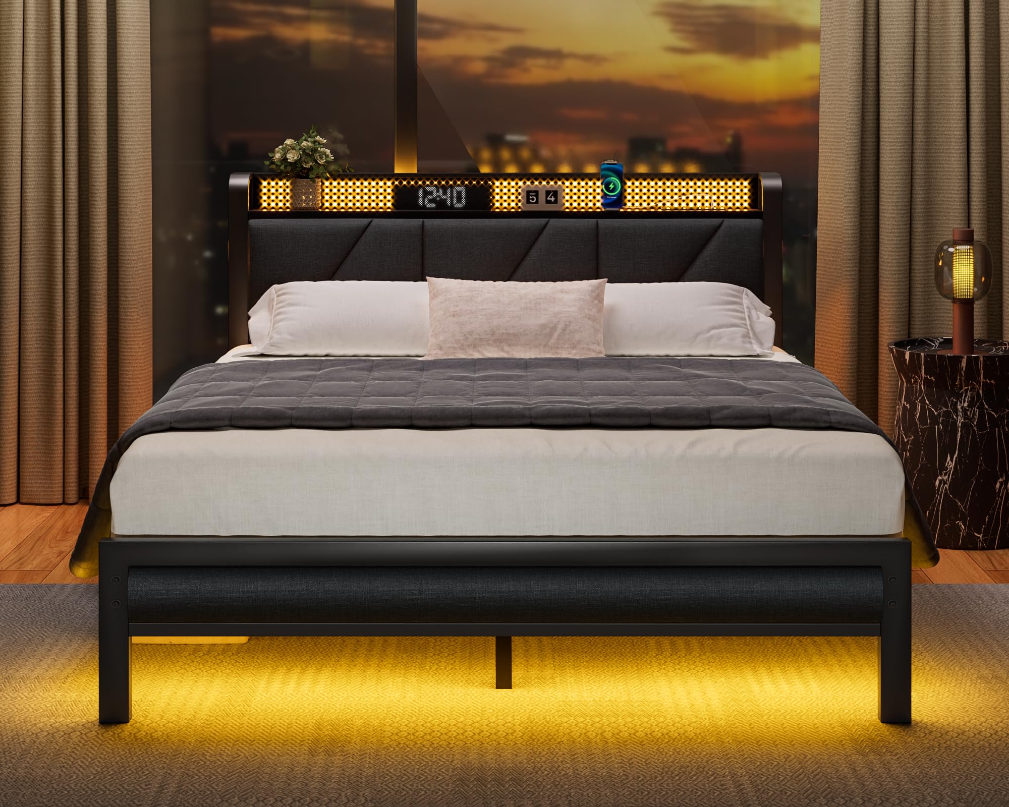 Queen Size Upholstered Bed Frame with LED Lights and Charging Station