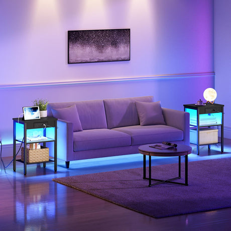 Side Table with Charging Station and LED Lights, Small End Table with Storage Shelves