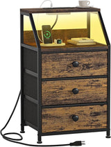 Charging Station and Led Light, Tall Brown Bedside Table