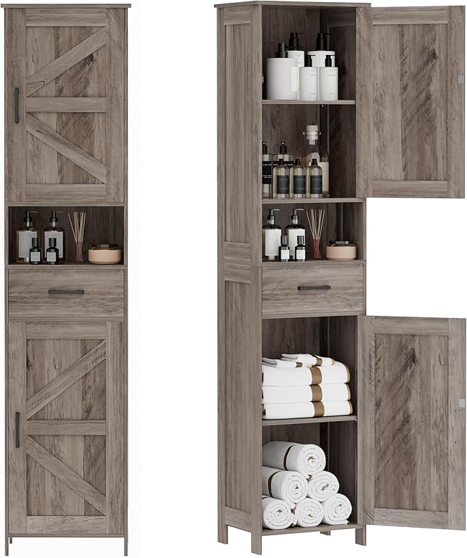 67" H Tall Bathroom Storage Cabinet with 2 Barn Doors and 1 Drawer, Narrow Storage Unit