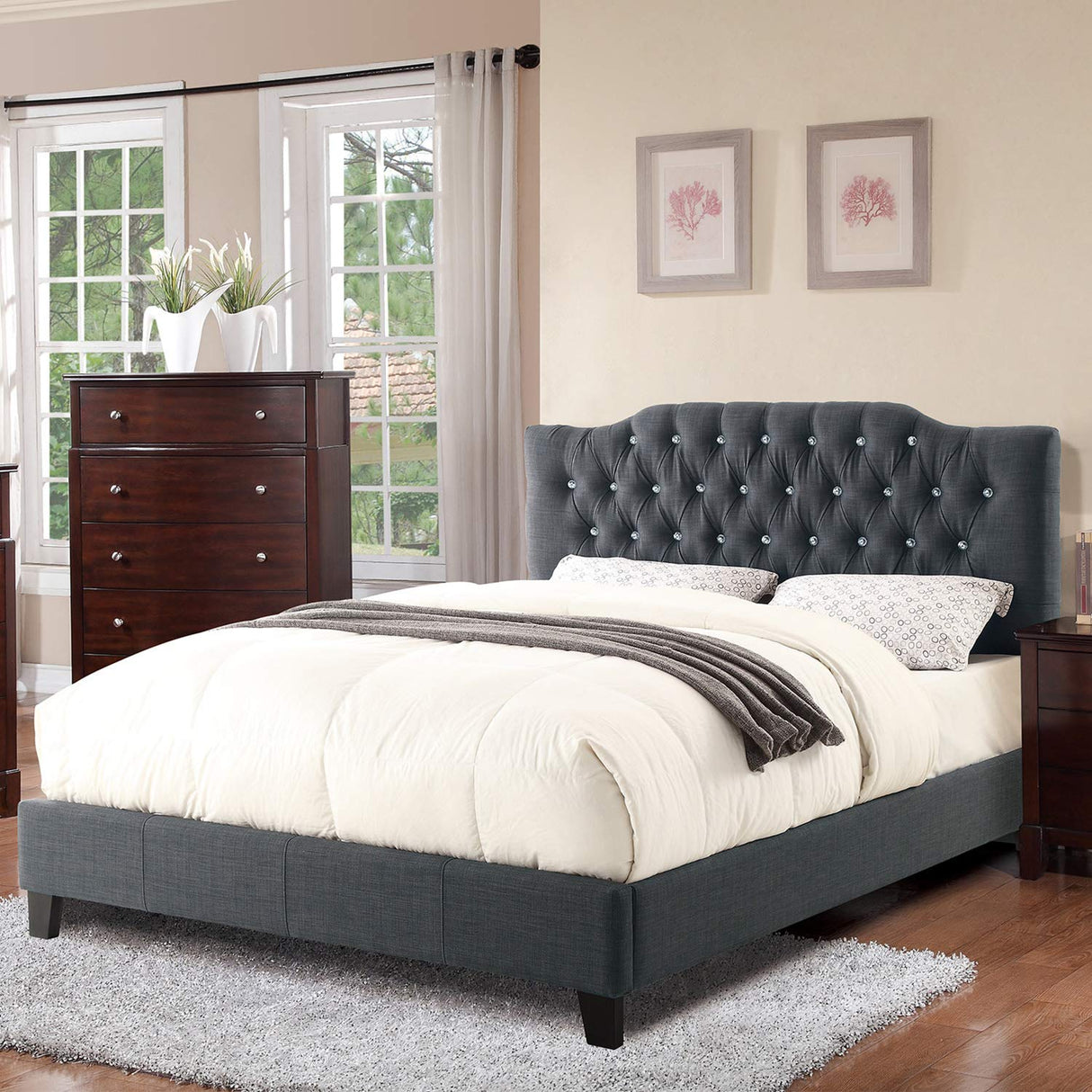 Blue Grey Polyfiber Upholstered Full Size Bed