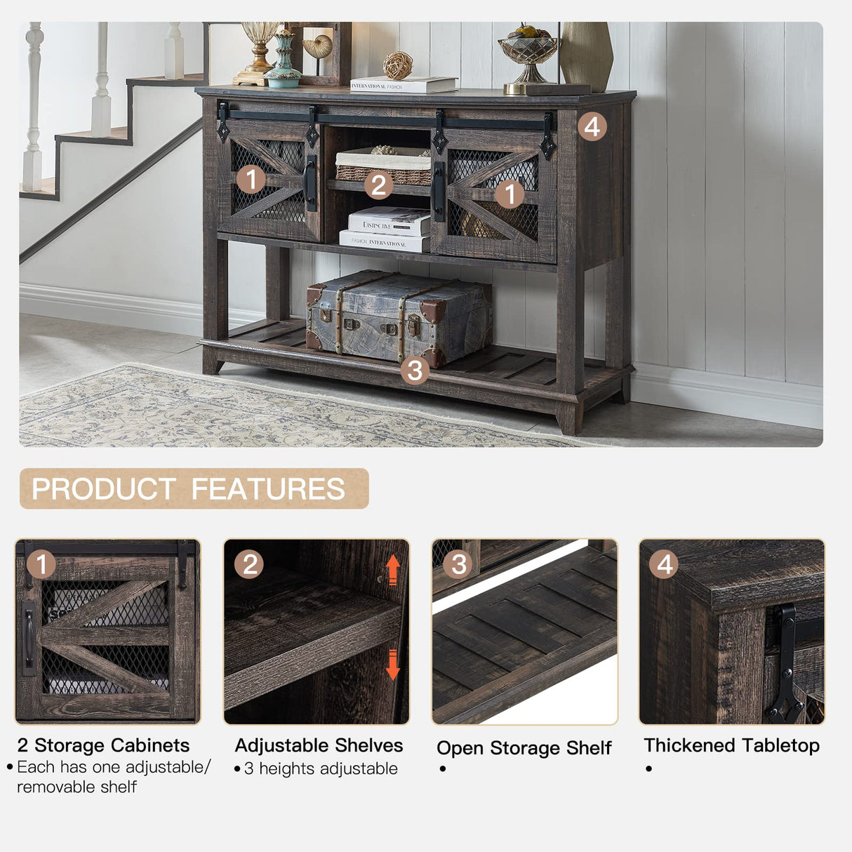 Entryway Table w/Sliding Barn Doors, 46'' Farmhouse & Industrial Console Table