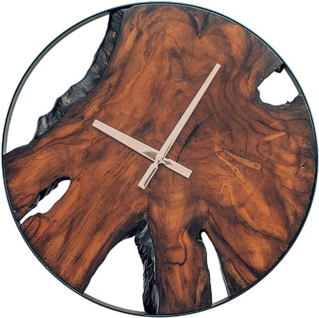 Rustic Wood Wall Clock - Unique Modern Live Edge Teak Dial with Large Black Metal Frame,