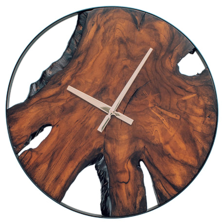 Rustic Wood Wall Clock - Unique Modern Live Edge Teak Dial with Large Black Metal Frame,