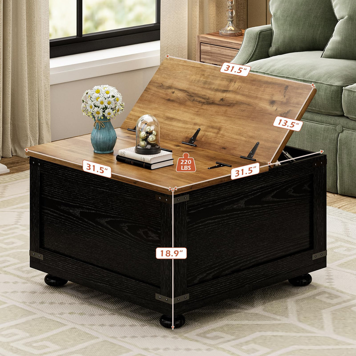 Farmhouse Coffee Table with Hydraulic Gas Rod, Black Square Coffee Table