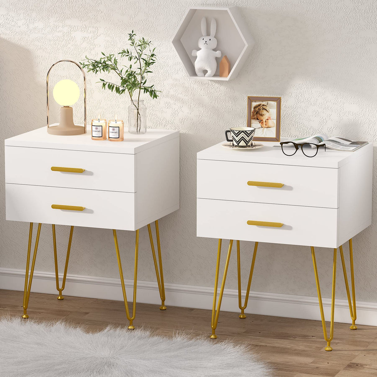 2-Drawer Nightstand Set of 2, White and Gold Bed Side Table with Metal Legs