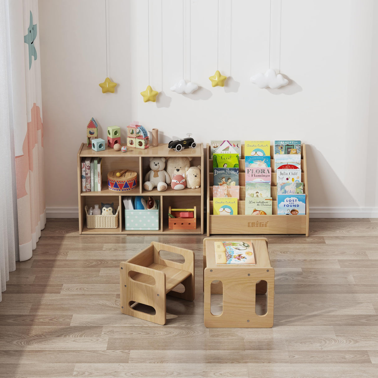 2-Tier Montessori Solid Wood Shelves Toy Organizers and Storage,5-Compartment Storage Cabinet