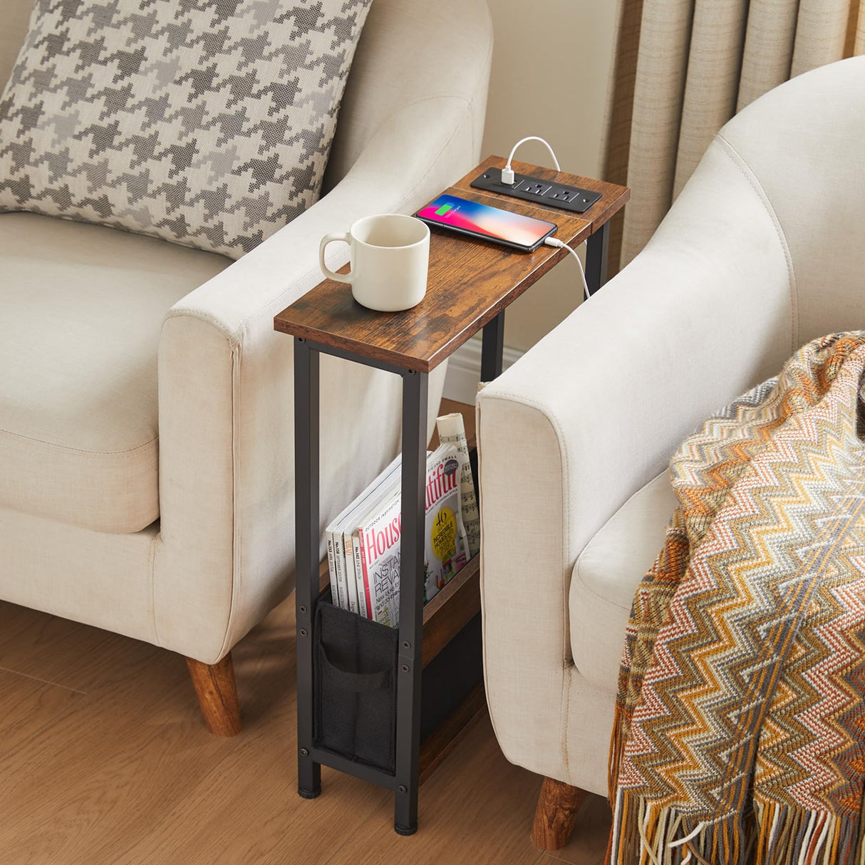 Slim Charging End Table with Storage - For Small Spaces and Bedroom