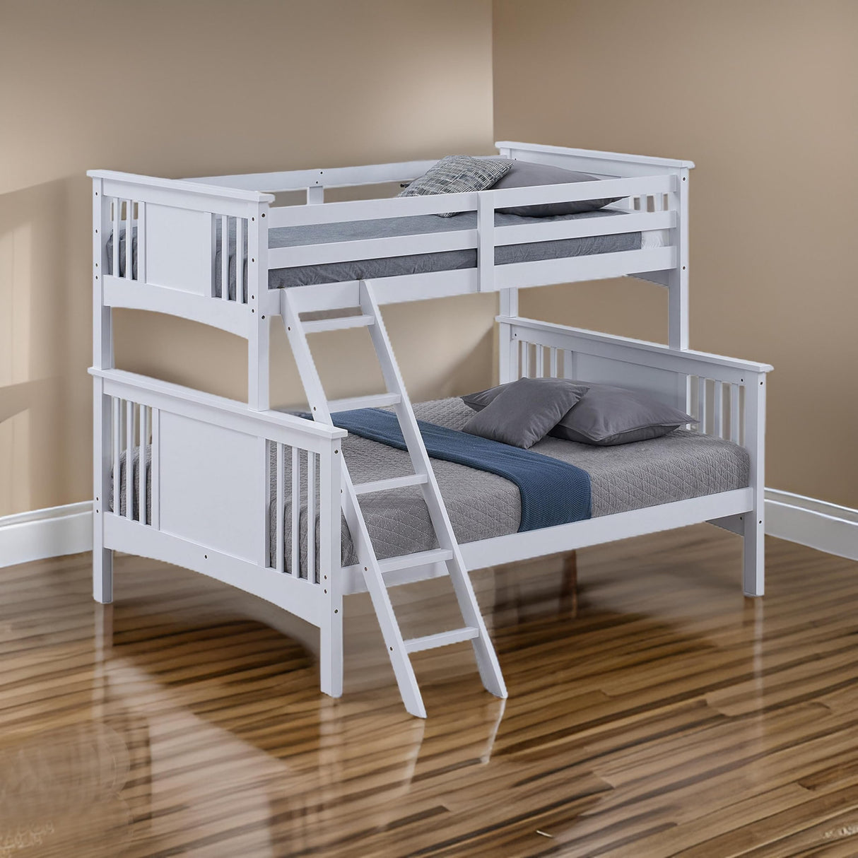 Ricky Twin Over Full Bunk Bed, Angled Ladder, Classic White Solid Hardwood