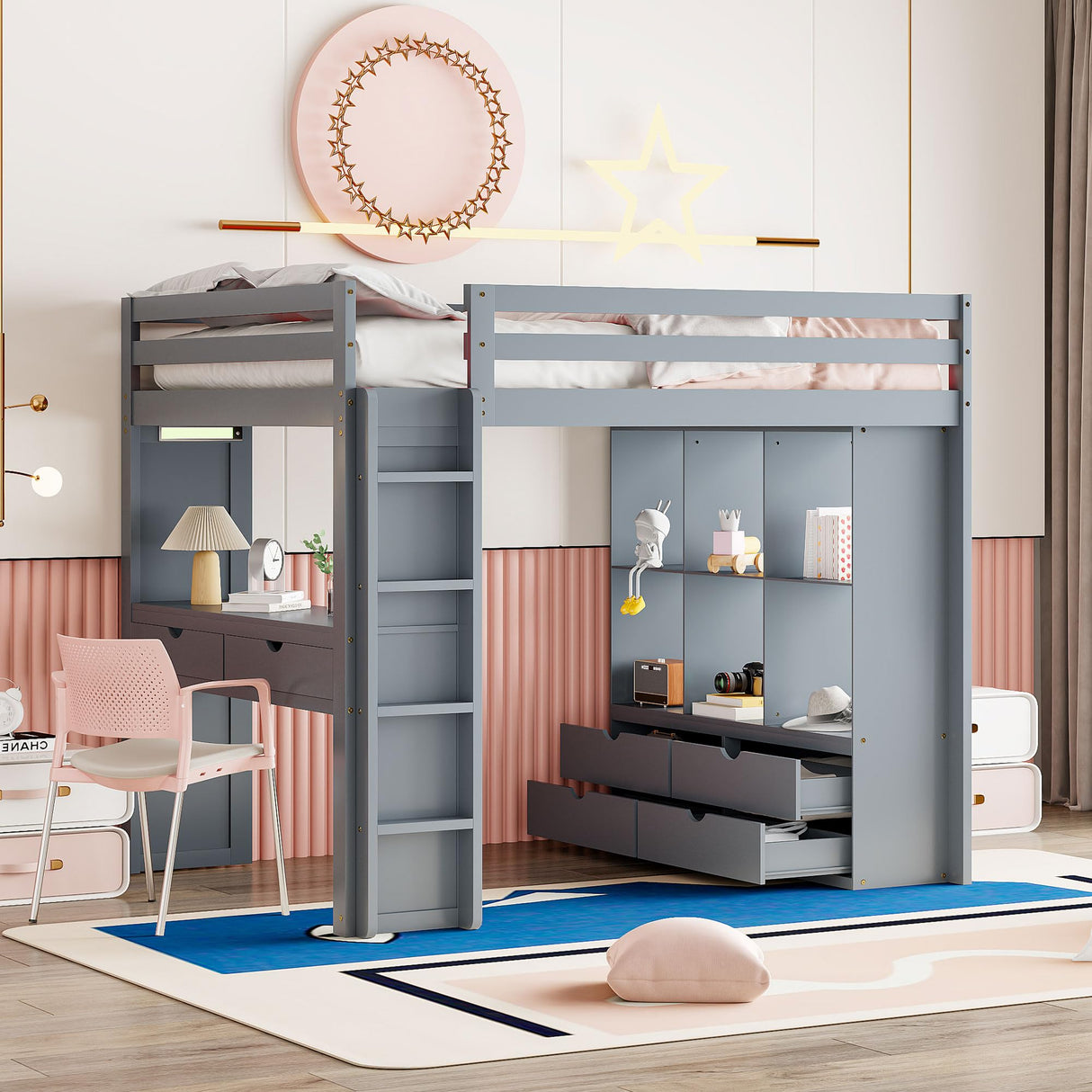 Full-Size Loft Bed with Built-in Desk and LED Light for Kids Teens