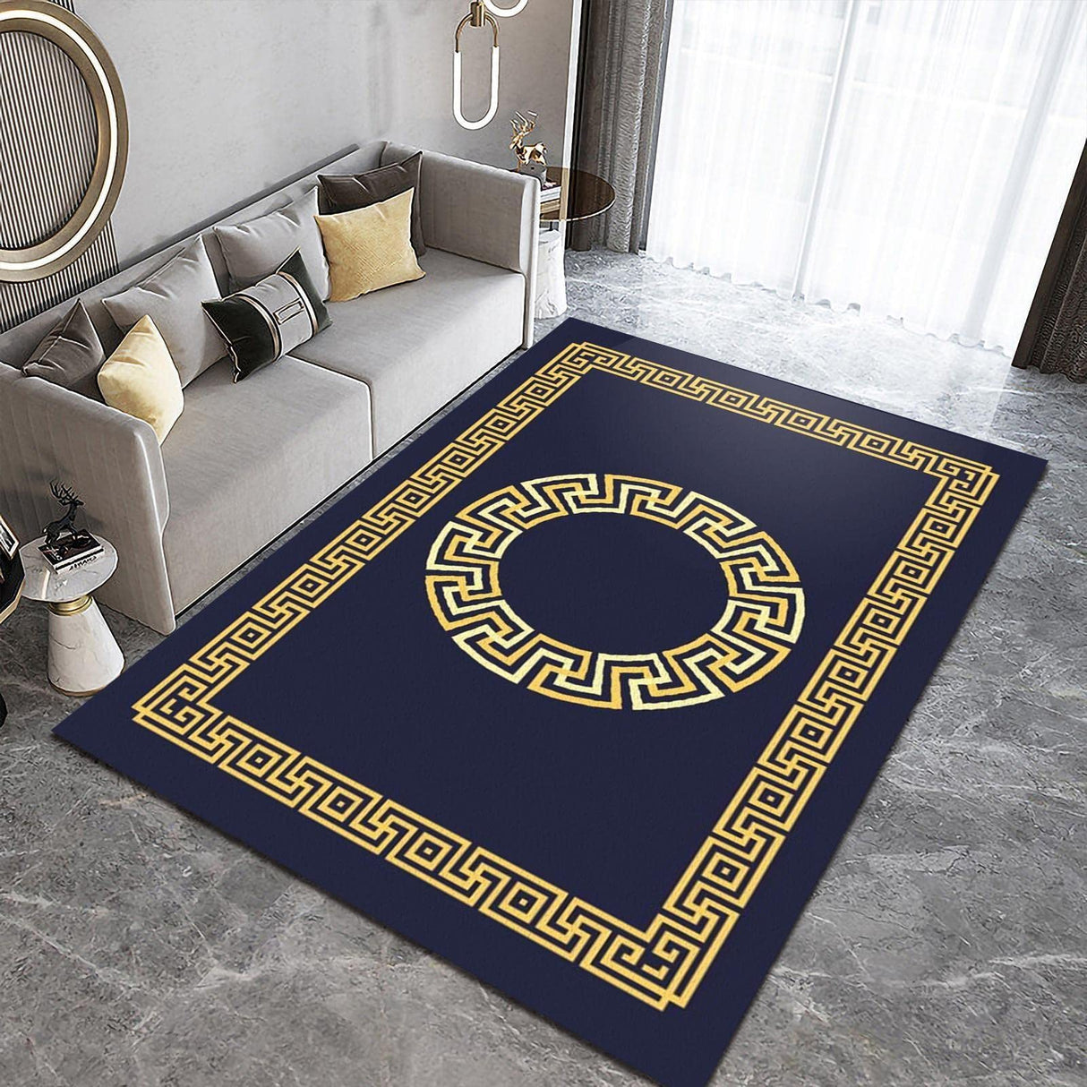 Dark Blue Gold Greek Key Pattern Area Rugs, Bohemia Black Home Decor Rug, Non-Slip