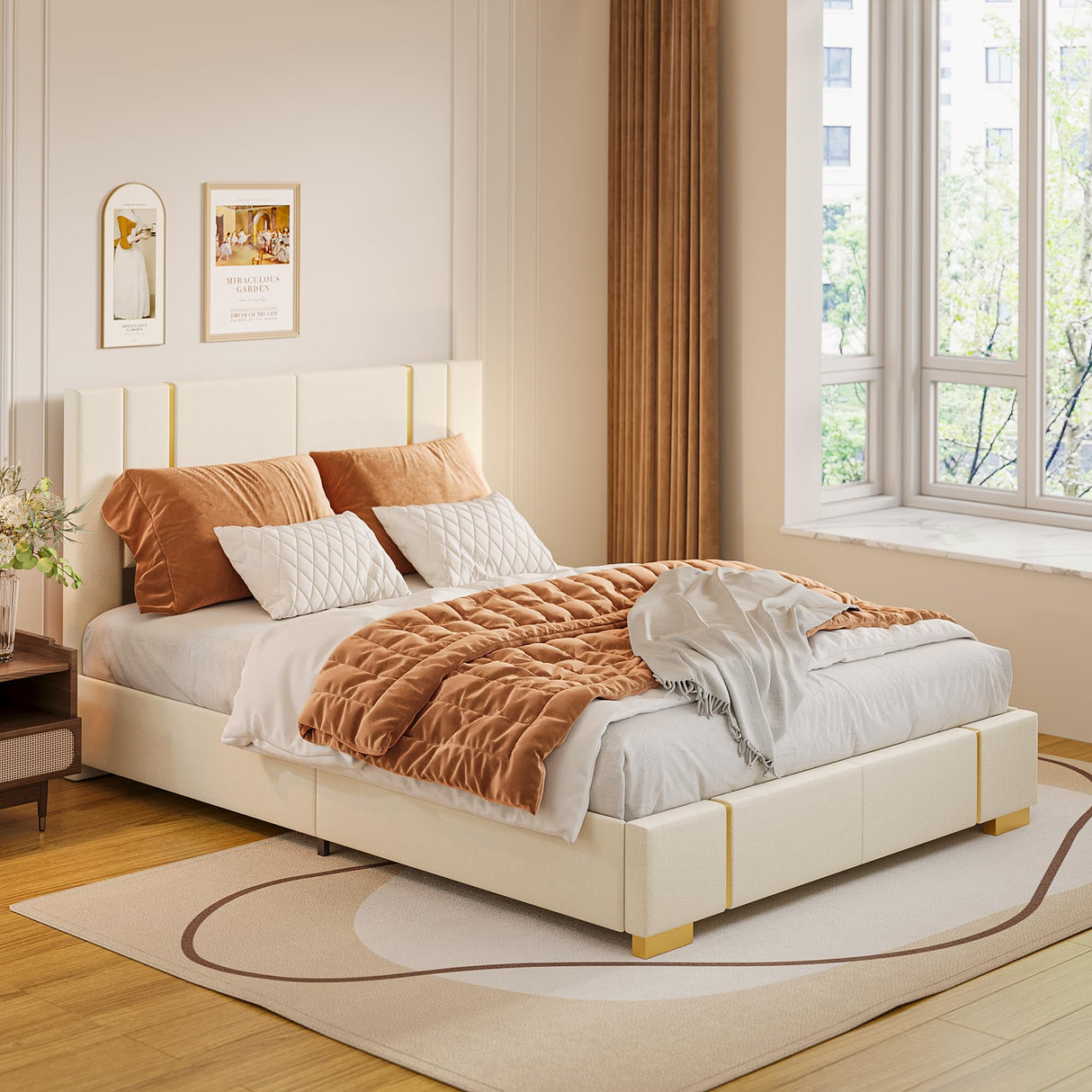 Upgrade Queen Bed Frame, Upholstered Platform Bed Frame with Modern Headboard,