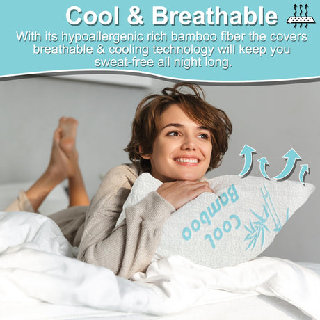 Cool Rayon of Bamboo Pillows 2 Pack Queen Size (20"x30") for Sleeping, Soft Shredded Adjustable Memory Foam Washable Zippered Breathable Cover, Relieves Neck Pain Asthma for Back/Stomach/Side Sleeper