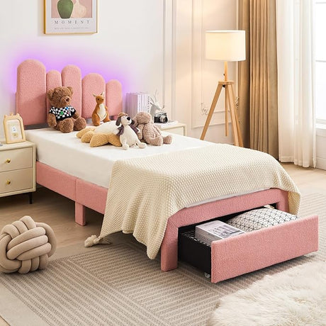 LED Twin Size Bed Frames - Boucle Upholstered Twin Bed Frame with Adjustable Headboard, Pink Platform Bed