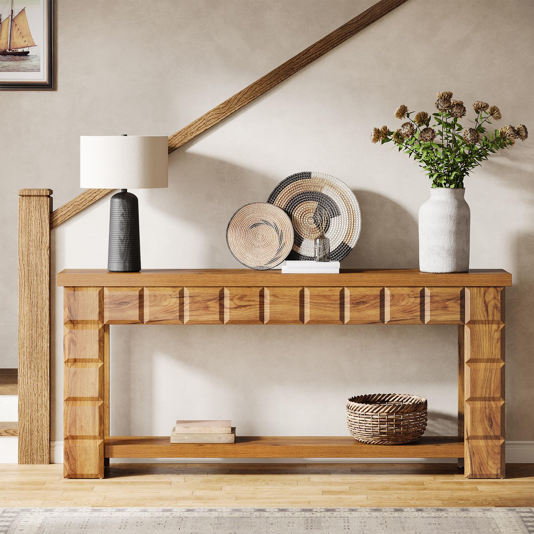 70.9" Extra Long Console Table, Farmhouse 2-Tier Entryway Table with Storage