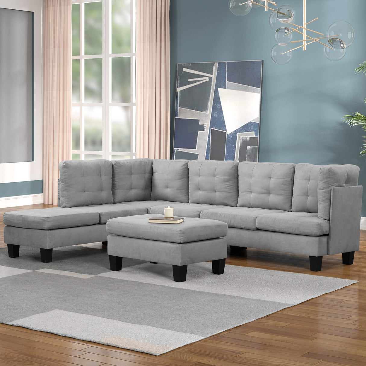 Modern Tufted Micro Suede L Shaped Sectional Sofa Couch with Reversible Chaise