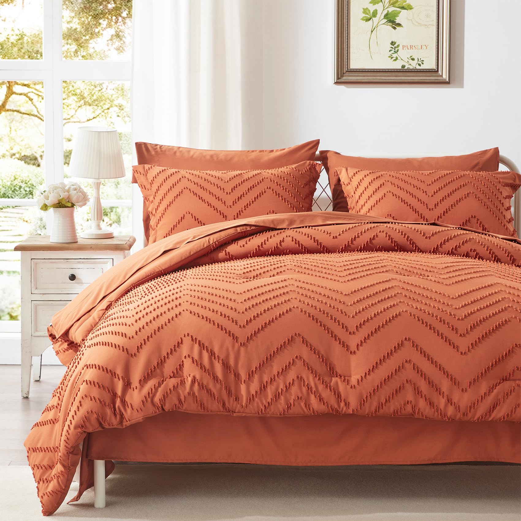 Queen Comforter Set, Burnt Orange Tufted Bed in a Bag