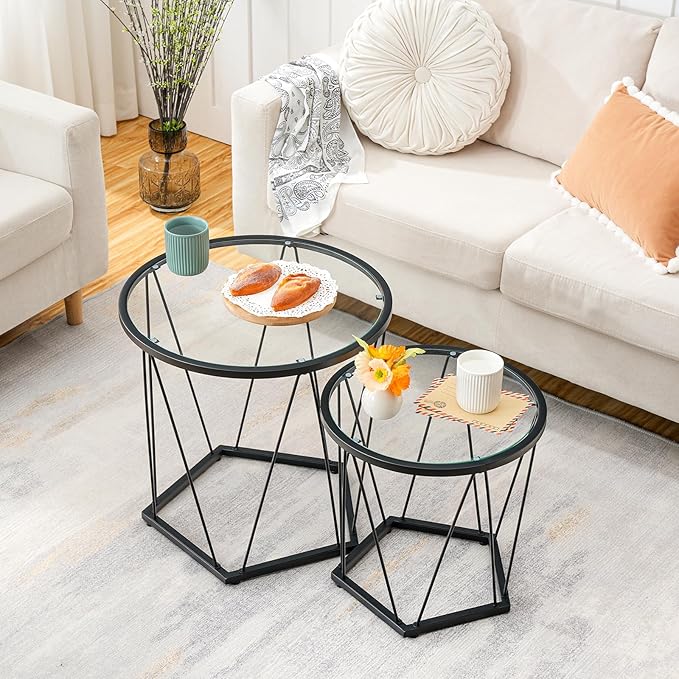 Coffee Table Set of 2, Round Coffee End Table with Metal Frame, Glass Top, Gold Side