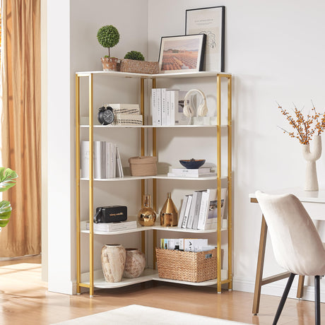 White L-Shaped Bookshelf, Modern Corner Bookshelf 5-Shelf Corner Bookcase