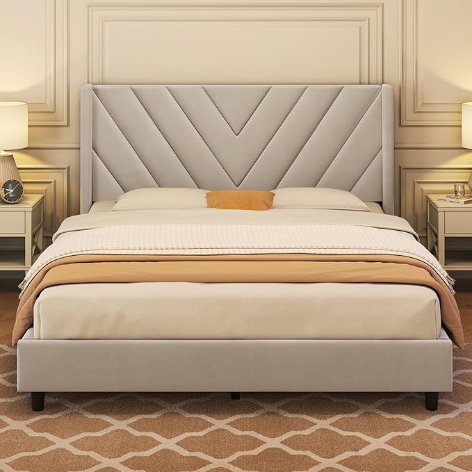 Queen Bed Frame Upholstered Platform Bed with Wing Side/Wooden Slat Support/Tufted