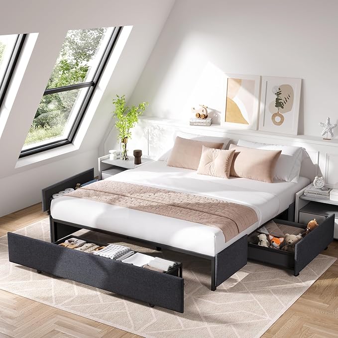 Queen Size Platform Bed Frame with 3 Storage Drawers