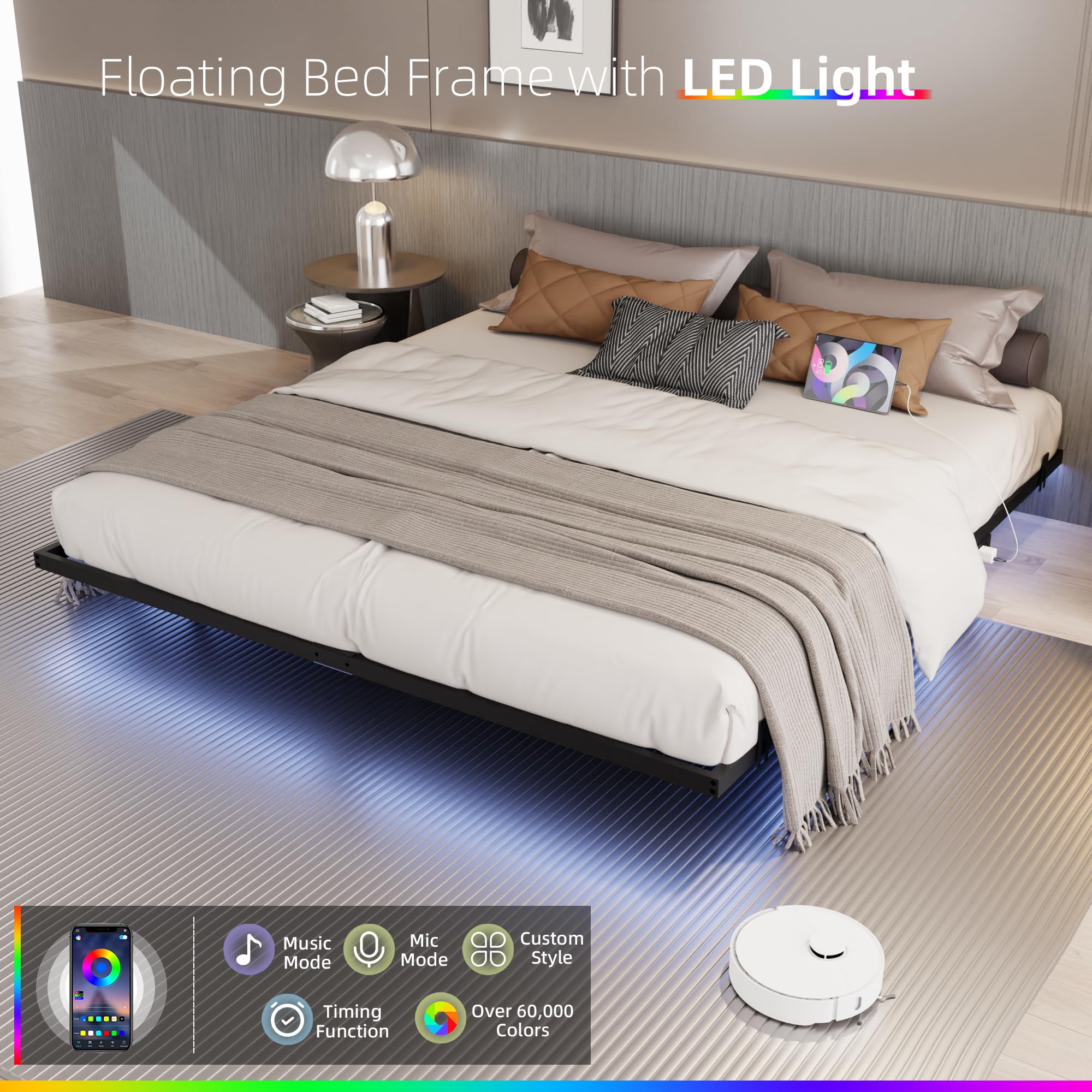California King Floating Bed Frame with LED Lights