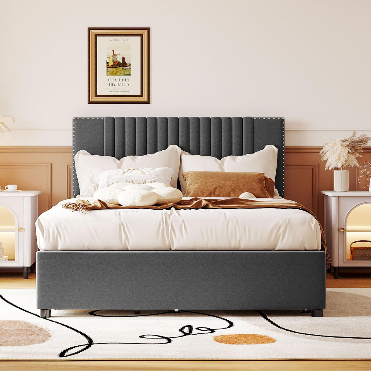 Platform Bed with 2 Drawers and Twin Size Trundle,Modern Solid Wood Bed Frame