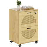 2 Drawer File Cabinet with Wheels, Rattan Filing Cabinet with Lock, Home Office Furniture Fits A4, Letter, Legal Size Files, Classic Wood Color