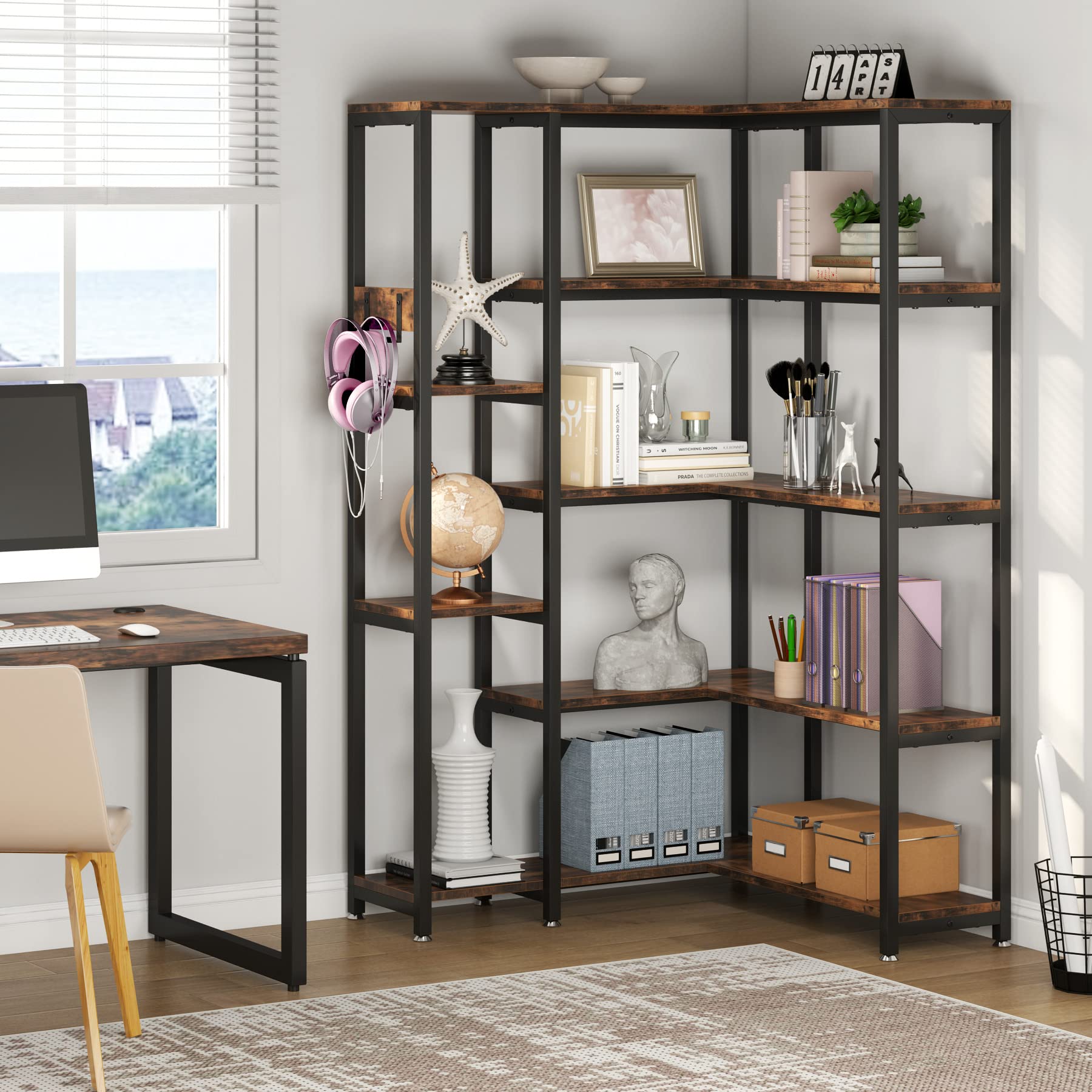 TIYASE 5-Shelf Corner Bookshelf, Modern Large Corner Etagere Bookcase, 5-Tier Tall Corner Shelf Display Storage Rack with Metal Frame for Living Room Home Office, Rustic Brown