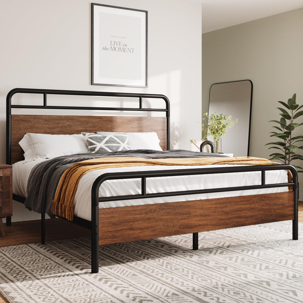 Queen Size Platform Bed Frame with Wooden Headboard and Footboard,